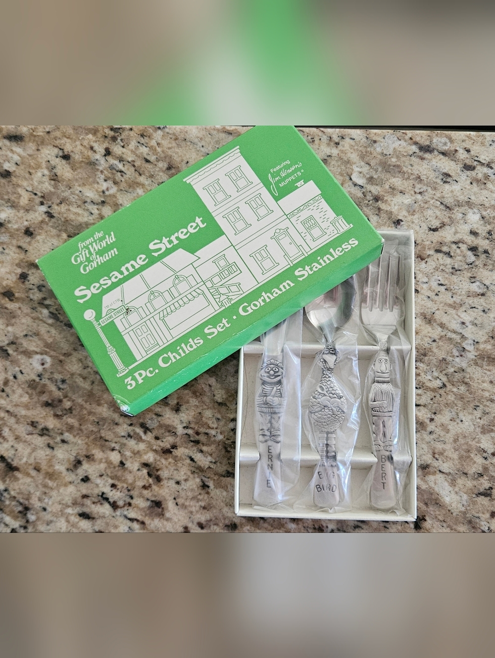 Gorham Sesame Street Child's Stainless Flatware Set - Green Box, Silver Utensils